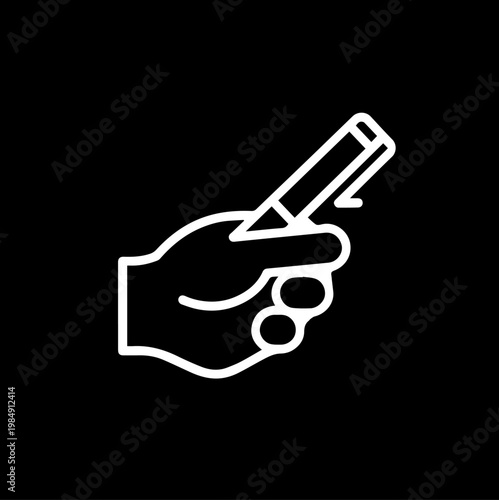Minimalist white outline icon of writing hand