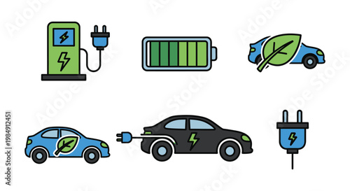 Illustrative icons depict electric vehicle charging battery levels and eco friendly transport in a flat style silhouette high quality professional detailed modern