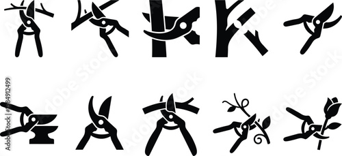 Umfangreiches Silhouette Vektor Icon Set von Gartenscheren und Astscheren beim präzisen Schneiden von Ästen, Rosen und Pflanzen für moderne Gartenarbeit und professionelle Landschaftsbau Projekte.