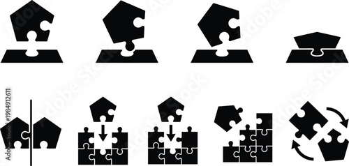 Verschiedene Puzzleteil-Icons, die das Zusammensetzen, Drehen, Teilen und die Integration von Elementen darstellen.