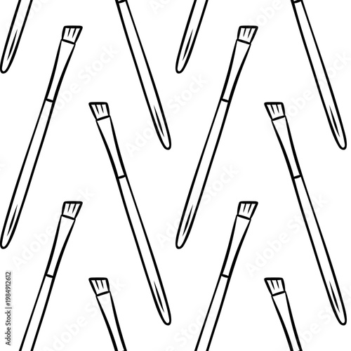 Seamless pattern of makeup brushes in black and white sketch style. Hand-drawn beauty repeat for cosmetic bags or makeup studio branding