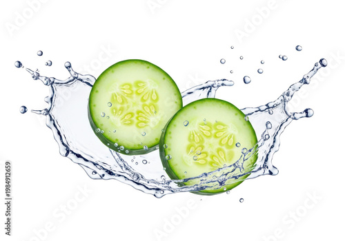 Cucumber slices splashing into clear water isolated on transparent background