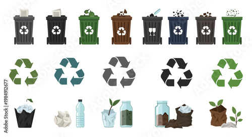 Colorful recycling bins and related symbols depict waste management and environmental sustainability in a flat vector silhouette high quality professional detailed
