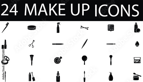 Collection of 24 black and white makeup icons for cosmetic products and beauty
