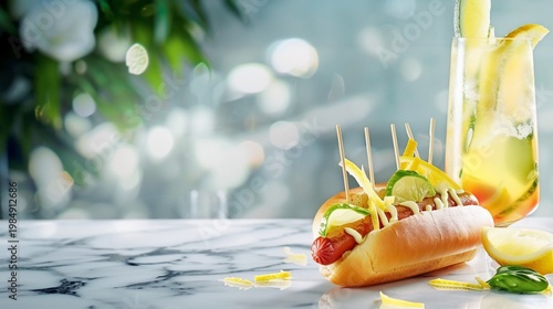 Hotdog with toppings & lemonade on marble table, blurred background with floral accents
