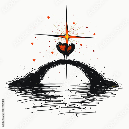 romantic sketch of two hearts on a bridge under a bright star for wedding invitations valentine cards relationship blogs spiritual websites anniversary decor and creative art prints