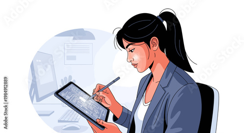 woman using digital tablet and stylus while sitting