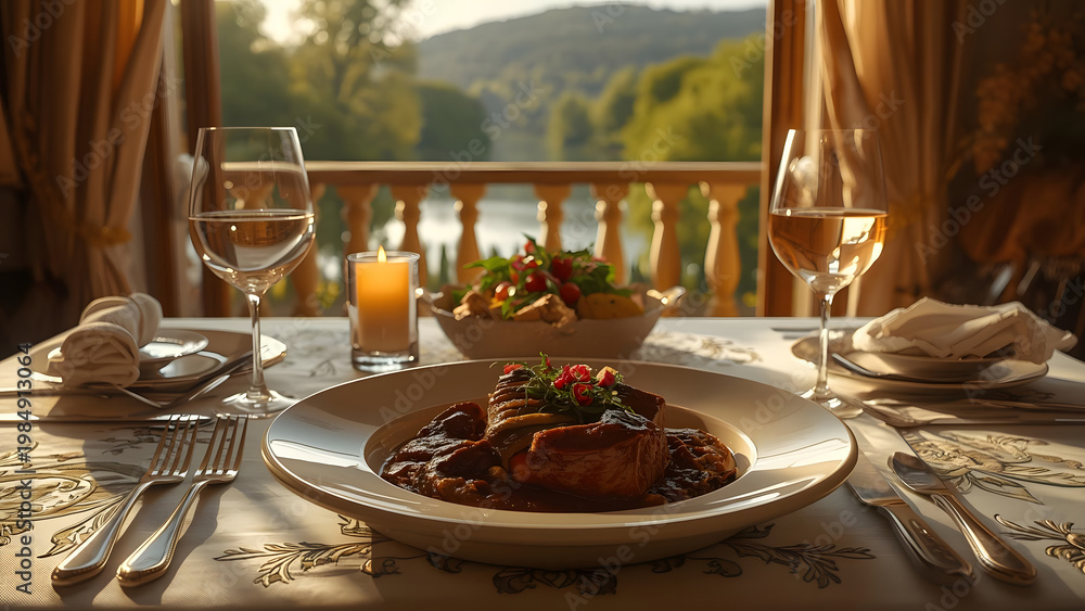 Fototapeta premium Elegant Dinner Table Setting with Gourmet Meal and Wine, Scenic View