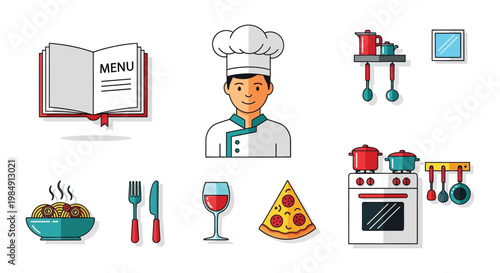 A colorful illustration depicts a chef surrounded by cooking elements showcasing a flat design silhouette high quality professional detailed modern elegant