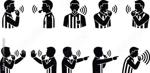 Verschiedene Silhouetten von Sport-Schiedsrichtern, die pfeifen und Handzeichen geben, um Regeln durchzusetzen.