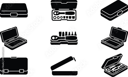 Verschiedene schwarze Silhouetten von Werkzeugkästen und Werkzeugsets, einige offen, andere geschlossen, mit verschiedenen Werkzeugen.