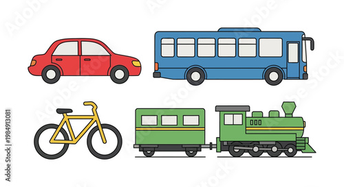 Colorful cartoon depictions of a car bus bicycle van and train presented in a flat design silhouette high quality professional detailed