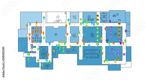 Floor plan with colorful rooms and corridors