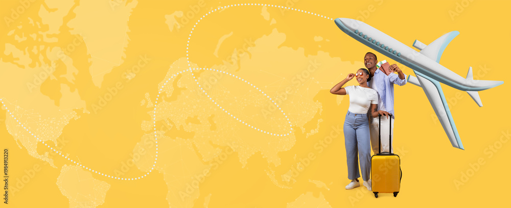 Fototapeta premium A couple stands together next to a bright yellow suitcase. An airplane flies above them with a map outline in the background. They look excited and ready for their travel adventure.