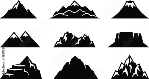 Sammlung von neun verschiedenen schwarzen Bergsilhouetten, die unterschiedliche Gebirgsformen und Gipfel darstellen.