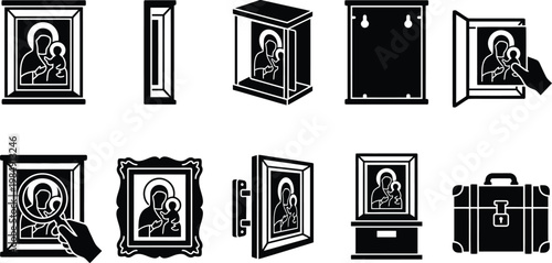 Sammlung von Piktogrammen, die religiöse Ikonen in verschiedenen Rahmen, Vitrinen und Transportmöglichkeiten zeigen.