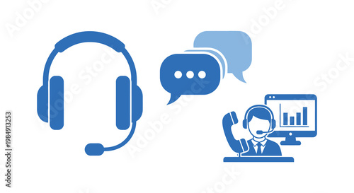 A blue graphic depicts customer support elements including headphones speech bubbles and a representative silhouette high quality professional detailed modern elegant