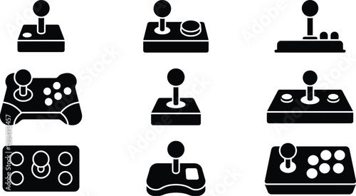 Eine Sammlung von neun schwarzen Silhouetten verschiedener Arcade-Joysticks und Game-Controller, die klassische und moderne Spielgeräte darstellen.