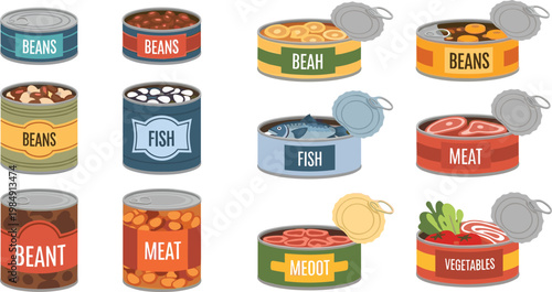 Modern flat vector tin can set with minimalist food labels and various container sizes for grocery design