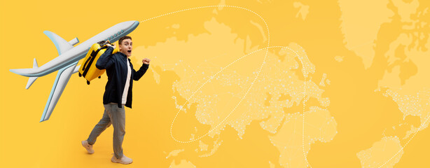 A person walks with a model airplane on their back and a backpack. The background shows a world map. This scene suggests travel and adventure, highlighting a love for exploring new places.