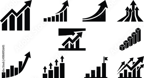 Sammlung von neun schwarzen Icons, die verschiedene Formen von Wachstum, Fortschritt und steigenden Trends in Diagrammen und Pfeilen darstellen.