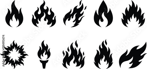 Sammlung von schwarzen Flammen- und Feuersymbolen in verschiedenen Formen und Stilen auf weißem Hintergrund.