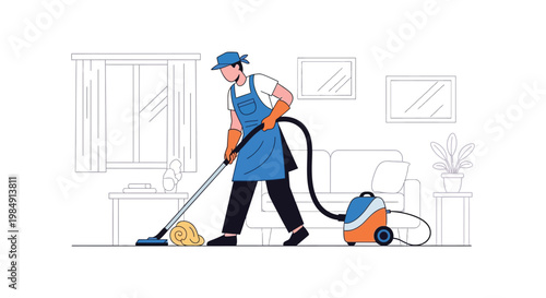A cheerful janitor is vacuuming a living room with furniture and plants illustrated in a flat style silhouette high quality professional