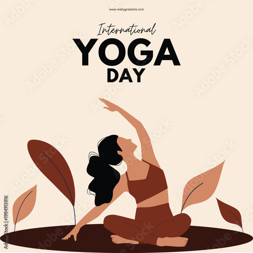 International Yoga Day poster with woman in meditation pose, flat vector illustration for wellness and health, earth tone yoga banner with leaves
