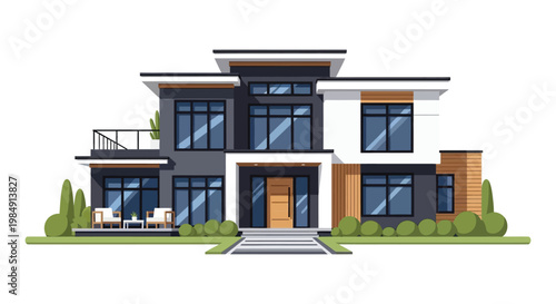 A modern two story house with a minimalist design featuring clean lines and a striking dark and light contrast silhouette high quality