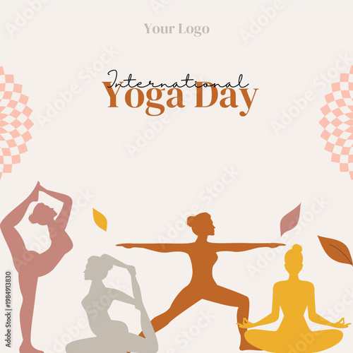 International Yoga Day poster with female silhouettes, earthy tone yoga poses vector, wellness and meditation banner with mandala elements