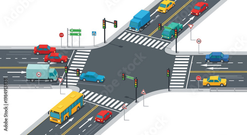 A brightly colored isometric illustration of a busy city intersection with various vehicles and road markings silhouette high quality professional detailed