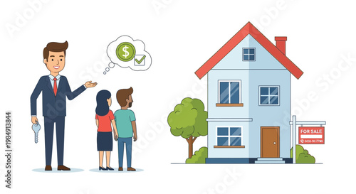 A realtor presents a house to a couple with a thought bubble showing a dollar sign and check silhouette high quality