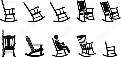 Eine vielfältige Sammlung von schwarzen Silhouetten klassischer und moderner Schaukelstühle, einige leer, andere mit einer sitzenden Person.