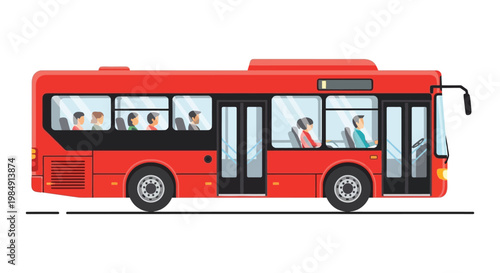 A vibrant red city bus with passengers depicted in a flat graphic style showcasing a distinct silhouette high quality professional detailed