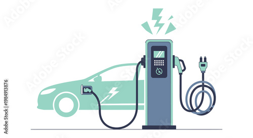 An electric vehicle charging at a station depicted with a flat illustrative style and bold colors silhouette high quality professional