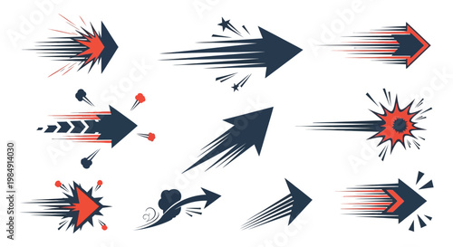 Dynamic collection of speed arrows with colorful trails and bursts showcasing motion and direction a striking silhouette high quality professional
