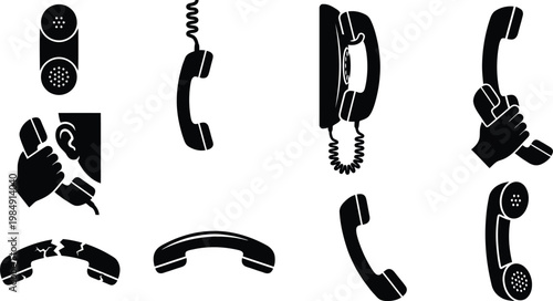 Verschiedene schwarze Silhouetten von Telefonhörern, die Kommunikation und Verbindung symbolisieren.