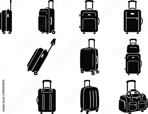 Eine Sammlung von schwarzen Silhouetten verschiedener Reisegepäckstücke wie Koffer, Rollkoffer und Reisetaschen für den Urlaub.