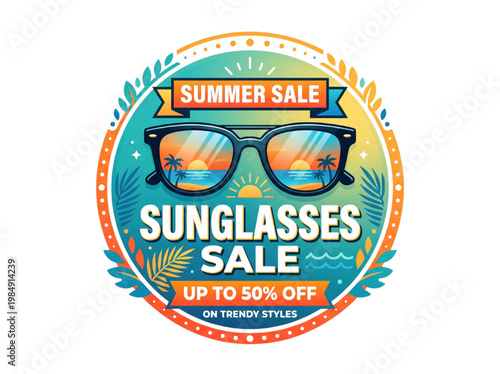 Sunglasses Summer Sale Badge with Beach Sunset Reflection Stylish Eyewear Discount Up to 50 Percent Off Promotion