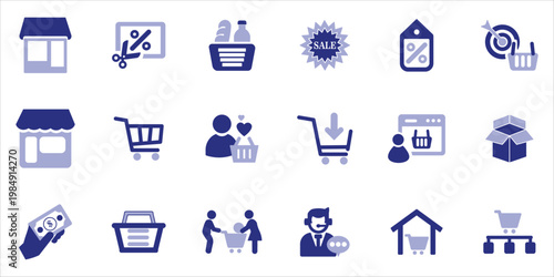 shopping icons set. store, basket, grocery, product, market, coupon and more. simple colored vector