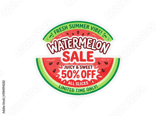 Watermelon Summer Sale Banner with Fresh Fruit Slice and 50 Percent Off Discount Juicy Seasonal Promotion Sticker