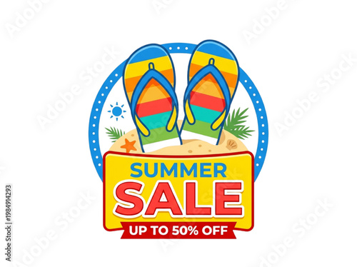 Summer Sale Banner with Colorful Flip Flops on Beach Sand Up to 50 Percent Off Discount Promotion
