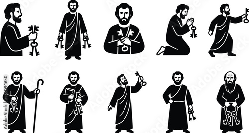 Zehn Schwarz-Weiß-Silhouetten des Heiligen Petrus, der in verschiedenen Posen die Himmelsschlüssel hält, mit Bart und traditioneller Kleidung dargestellt.