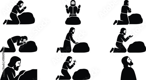 Schwarz-weiße Silhouetten einer Person, die in verschiedenen knienden Gebetsposen vor einem Felsen betet oder meditiert.