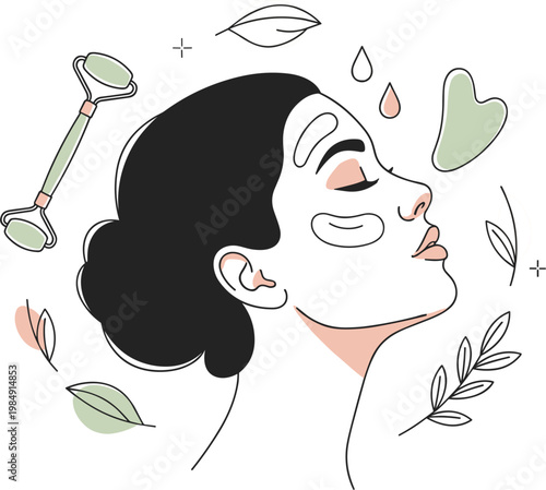 Skincare routine vector illustration with jade roller gua sha stone and woman profile in minimalist line art style
