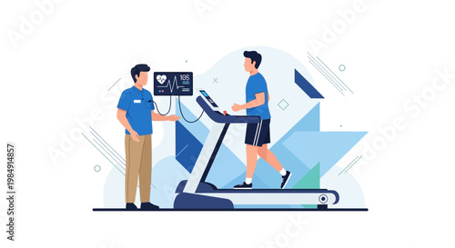 Cardiologist monitoring patient's heart rate during treadmill stress test for health checkup