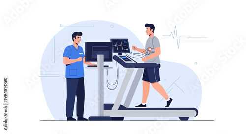 Cardiologist monitoring patient on treadmill during stress test for heart health