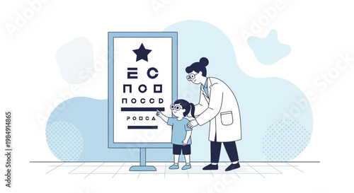 Child eye exam with doctor using eye chart, optometry, vision test, healthcare concept