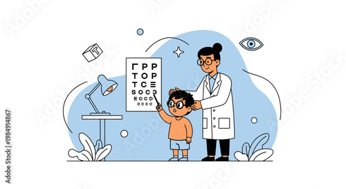 Child undergoing eye exam with optometrist and eye chart, vision test, healthcare concept