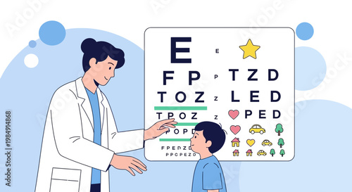 Child eye exam with optometrist and eye chart, vision test for kids